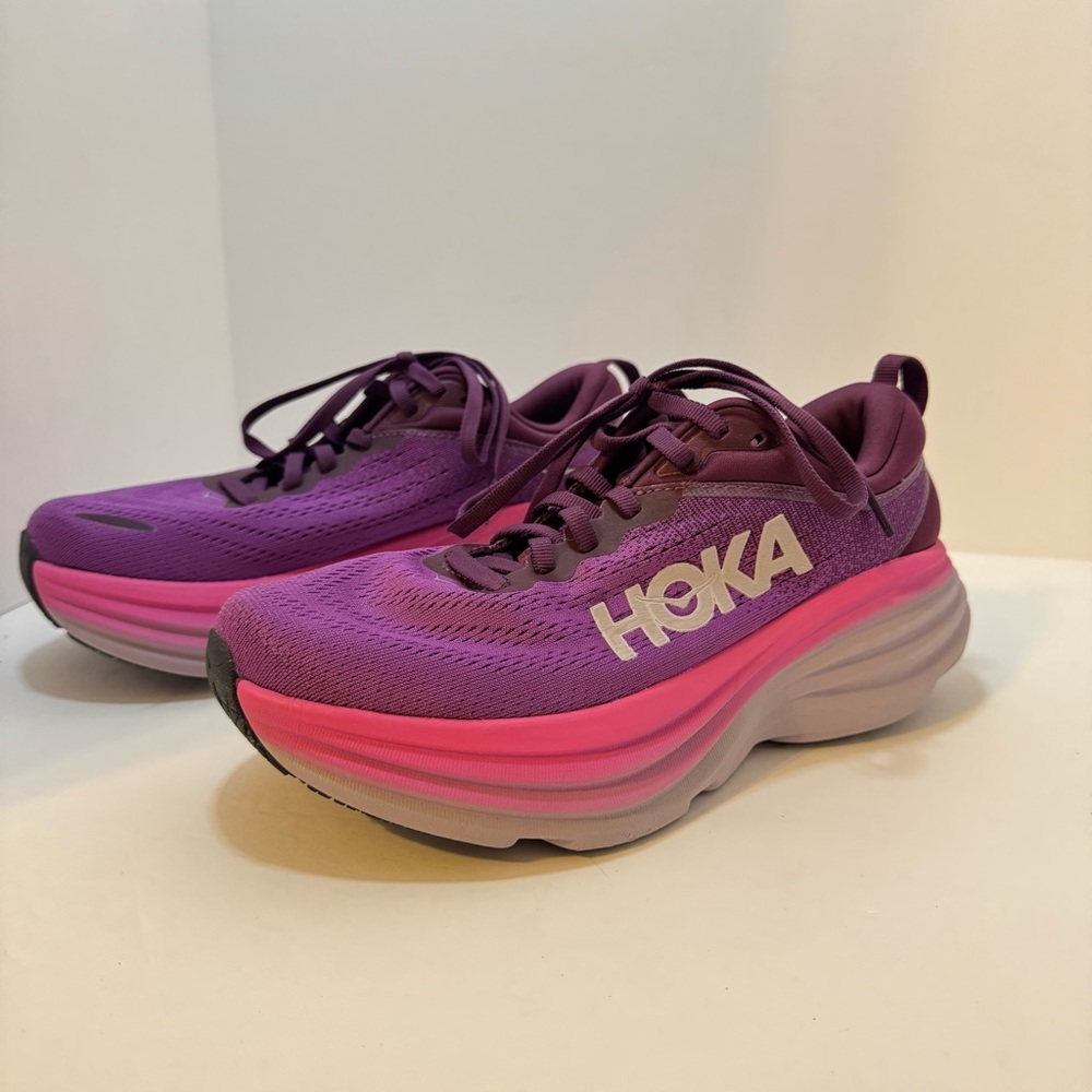 Hoka Bondi 8 Purple Pink Athletic Shoes with Maximalist Cushioning